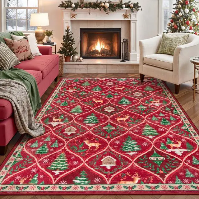 Main image of Christmas Living Room Rug, 5x7 Print Christmas Reindeer Rugs for Bedroom Aesthetic Large Washable Carpet, Soft Xmas Tree Stain Resistance Dining Room Carpets for Under Table (Red)