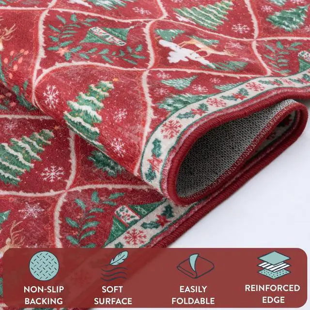 Alt view image 4 of 7 - Christmas Living Room Rug, 5x7 Print Christmas Reindeer Rugs for Bedroom Aesthetic Large Washable Carpet, Soft Xmas Tree Stain Resistance Dining Room Carpets for Under Table (Red)