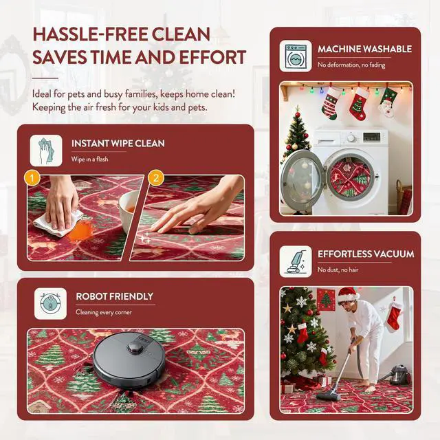 Alt view image 6 of 7 - Christmas Living Room Rug, 5x7 Print Christmas Reindeer Rugs for Bedroom Aesthetic Large Washable Carpet, Soft Xmas Tree Stain Resistance Dining Room Carpets for Under Table (Red)