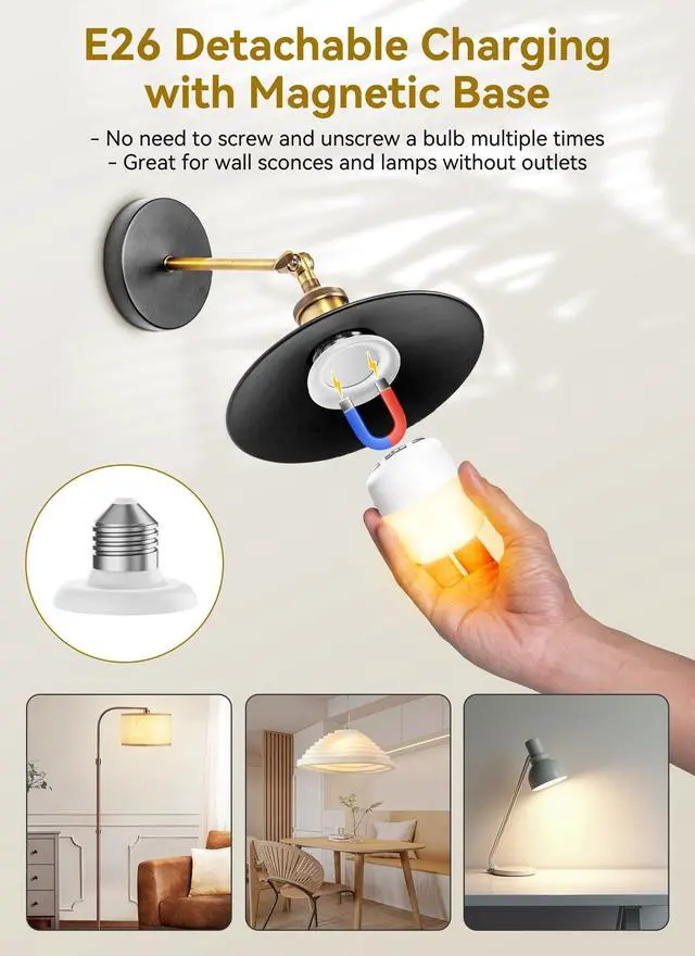 Alt view image 2 of 7 - E26 Rechargeable Light Bulbs with Remote and Timer, Battery Backup Bulb with 12 Colors and Brightness Dimmable, 2300mAh 40W Equivalent LED Light Bulbs for Lamps Sconces Camping, 4 Pack