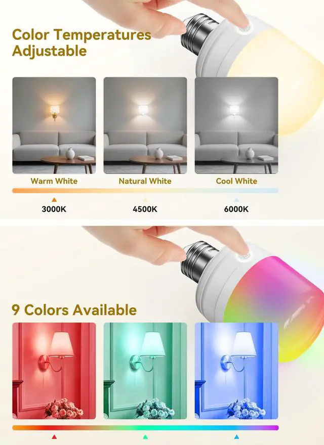 Alt view image 4 of 7 - E26 Rechargeable Light Bulbs with Remote and Timer, Battery Backup Bulb with 12 Colors and Brightness Dimmable, 2300mAh 40W Equivalent LED Light Bulbs for Lamps Sconces Camping, 4 Pack