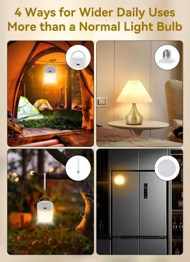 Alt view image 3 of 7 - E26 Rechargeable Light Bulbs with Remote and Timer, Battery Backup Bulb with 12 Colors and Brightness Dimmable, 2300mAh 40W Equivalent LED Light Bulbs for Lamps Sconces Camping, 4 Pack