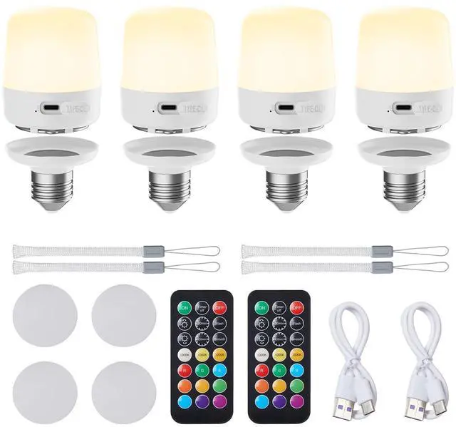 Main image of E26 Rechargeable Light Bulbs with Remote and Timer, Battery Backup Bulb with 12 Colors and Brightness Dimmable, 2300mAh 40W Equivalent LED Light Bulbs for Lamps Sconces Camping, 4 Pack