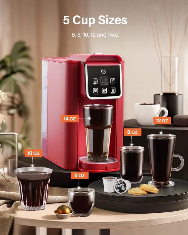 Alt view image 4 of 7 - Single Serve Coffee Maker, Hot and Iced Coffee Machine for K Cup Pods & Ground Coffee, 6 to 14 oz Brew Sizes, with 50 oz Removable Water Tank, Bold Brew Setting, Stainless Steel, Red
