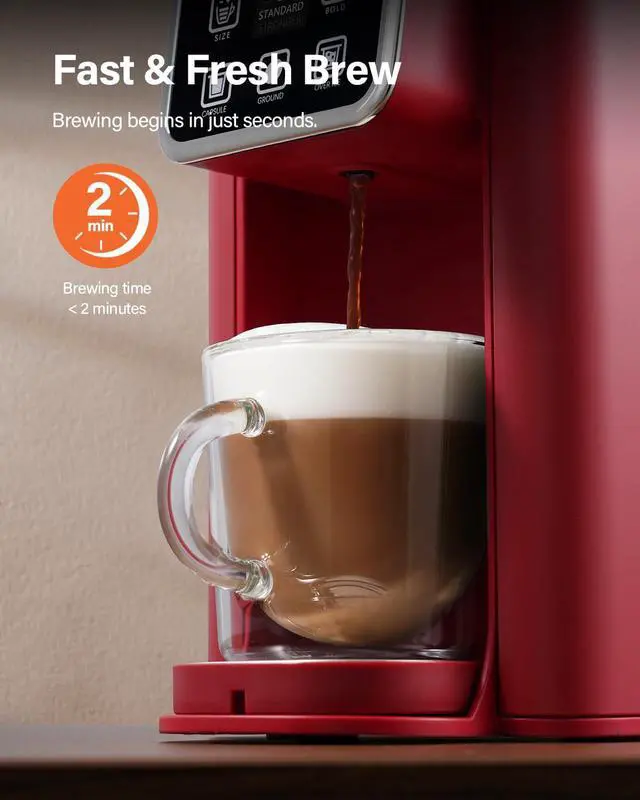 Alt view image 5 of 7 - Single Serve Coffee Maker, Hot and Iced Coffee Machine for K Cup Pods & Ground Coffee, 6 to 14 oz Brew Sizes, with 50 oz Removable Water Tank, Bold Brew Setting, Stainless Steel, Red