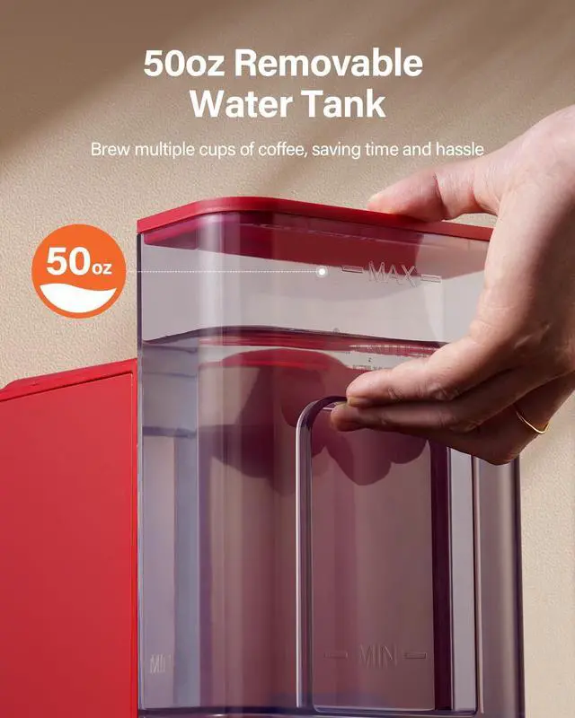 Alt view image 6 of 7 - Single Serve Coffee Maker, Hot and Iced Coffee Machine for K Cup Pods & Ground Coffee, 6 to 14 oz Brew Sizes, with 50 oz Removable Water Tank, Bold Brew Setting, Stainless Steel, Red
