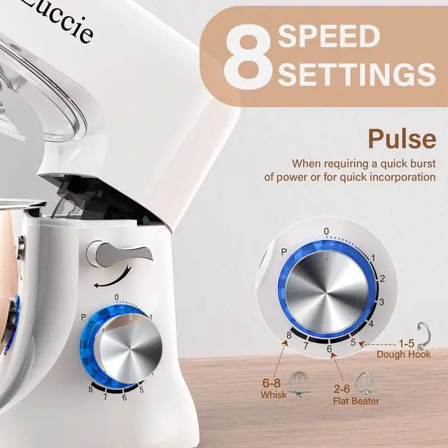 Alt view image 5 of 7 - Stand Mixer, 4.8QT Kitchen Electric Stand Mixer, 380W Motor Power Food Mixer, 8+P-Speed Dough Mixer with Dough Hook, Wire Whip & Beater, White