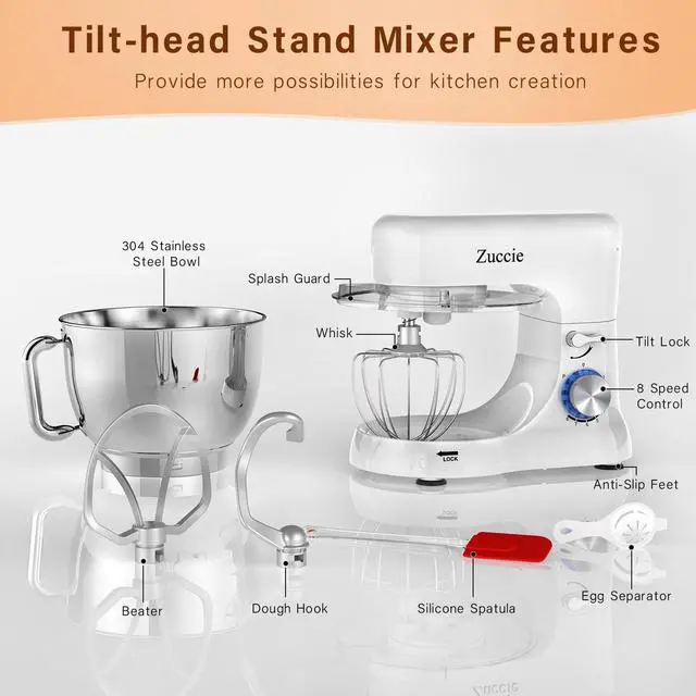Alt view image 2 of 7 - Stand Mixer, 4.8QT Kitchen Electric Stand Mixer, 380W Motor Power Food Mixer, 8+P-Speed Dough Mixer with Dough Hook, Wire Whip & Beater, White