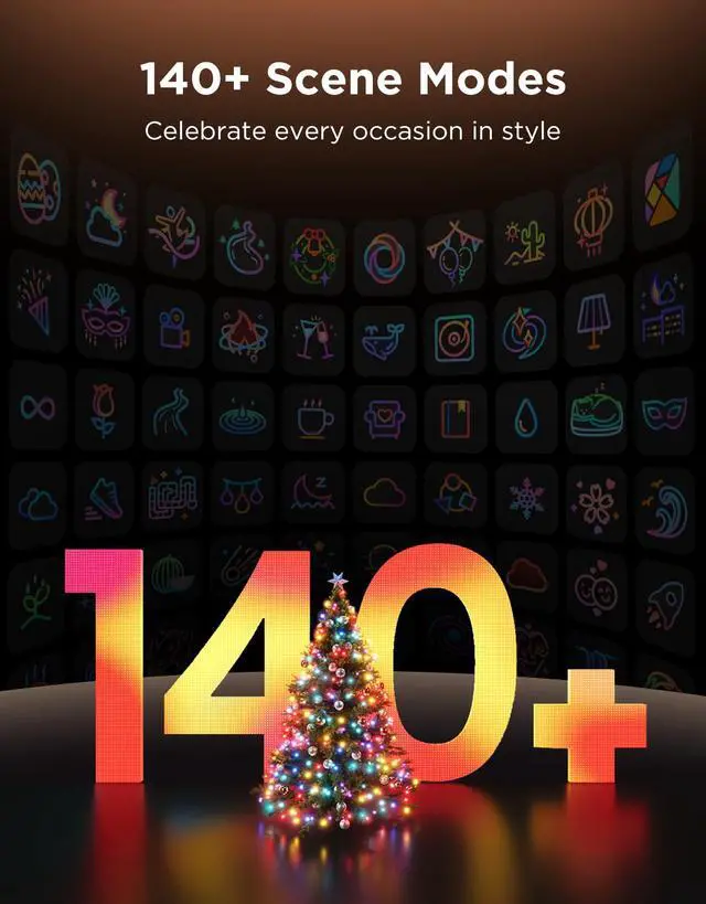 Alt view image 4 of 7 - Christmas Sparkle String Lights 66ft, RGBWIC String Lights with 250 Bullet-Head LEDs, App-Controlled, 140+ Scene Modes, Shape Mapping, Music Sync, Works with Alexa, Indoor Holiday Decorations