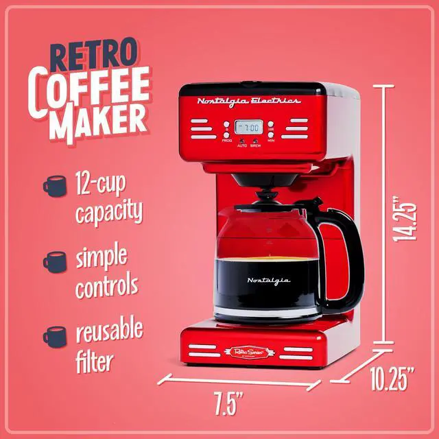 Alt view image 2 of 7 - Retro 12-Cup Programmable Coffee Maker With LED Display, Automatic Shut-Off & Keep Warm, Pause-And-Serve Function, Red