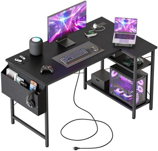 Main image of Small L Shaped Computer Desk with Power Outlets, Gaming Desk for Small Spaces, Corner Desk with Reversible Storage Shelves, Study Writing Table for Home Office