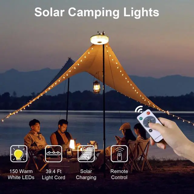 Alt view image 2 of 7 - 2-Pack Solar Camping String Lights, 39.4FT Portable Waterproof Camping Light with 8 Lighting Modes, Solar Powered and USB Rechargeable Tent Lantern with Remote Control for Camping, Garden and Hiking