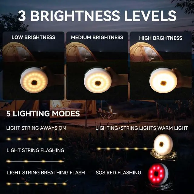 Alt view image 3 of 7 - 2-Pack Solar Camping String Lights, 39.4FT Portable Waterproof Camping Light with 8 Lighting Modes, Solar Powered and USB Rechargeable Tent Lantern with Remote Control for Camping, Garden and Hiking