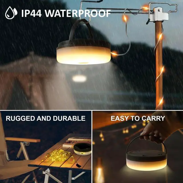 Alt view image 5 of 7 - 2-Pack Solar Camping String Lights, 39.4FT Portable Waterproof Camping Light with 8 Lighting Modes, Solar Powered and USB Rechargeable Tent Lantern with Remote Control for Camping, Garden and Hiking