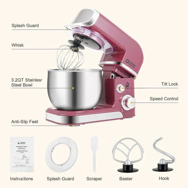 Alt view image 2 of 6 - Stand Mixer,3.2Qt Small Electric Food Mixer,6 Speeds Portable Lightweight Kitchen Mixer for Daily Use with Egg Whisk,Dough Hook,Flat Beater (Purplish-red)