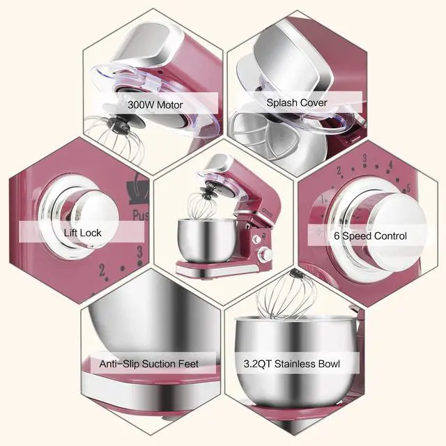 Alt view image 5 of 6 - Stand Mixer,3.2Qt Small Electric Food Mixer,6 Speeds Portable Lightweight Kitchen Mixer for Daily Use with Egg Whisk,Dough Hook,Flat Beater (Purplish-red)