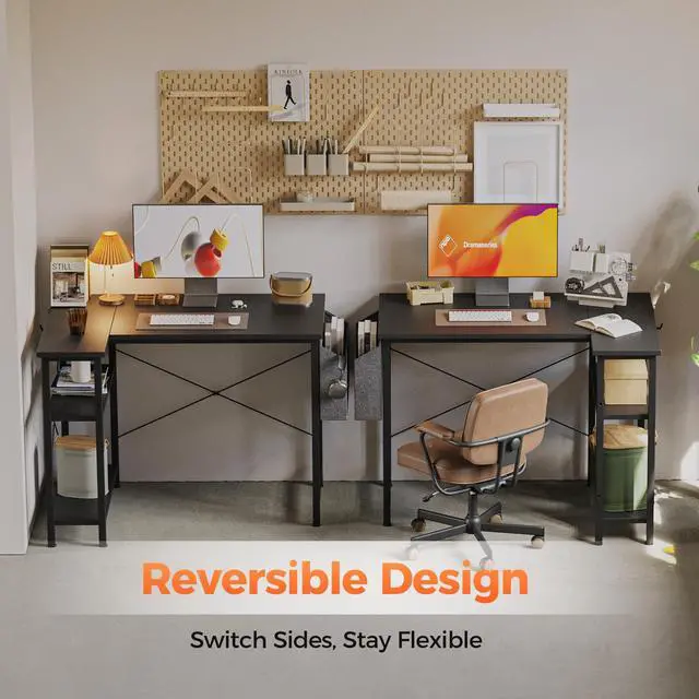 Alt view image 5 of 7 - Small L Shaped Computer Desk with Power Outlets, Gaming Desk for Small Spaces, Corner Desk with Reversible Storage Shelves, Study Writing Table for Home Office