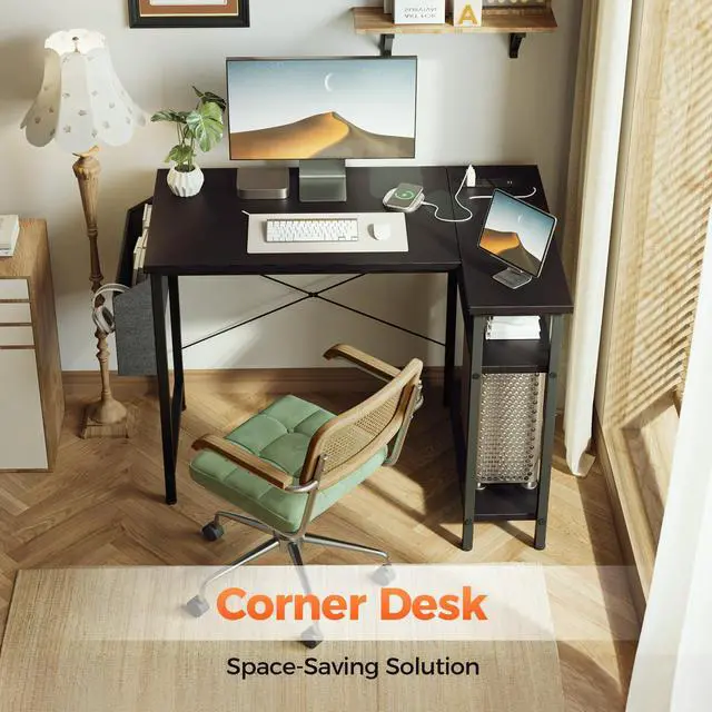 Alt view image 6 of 7 - Small L Shaped Computer Desk with Power Outlets, Gaming Desk for Small Spaces, Corner Desk with Reversible Storage Shelves, Study Writing Table for Home Office