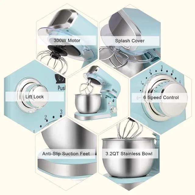 Alt view image 5 of 7 - Stand Mixer,3.2Qt Small Electric Food Mixer,6 Speeds Portable Lightweight Kitchen Mixer for Daily Use with Egg Whisk,Dough Hook,Flat Beater (Blue)