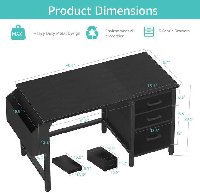 Alt view image 3 of 7 - Computer Desk with File Drawers Cabinet, 47 Inch Reversible Home Office Desks with Filing Cabinet for Small Space, Gaming Study Writing Table PC Desks, Black