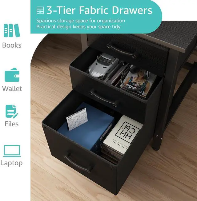 Alt view image 6 of 7 - Computer Desk with File Drawers Cabinet, 47 Inch Reversible Home Office Desks with Filing Cabinet for Small Space, Gaming Study Writing Table PC Desks, Black