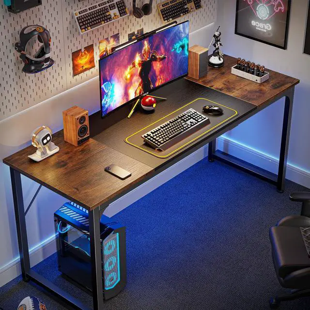 Alt view image 3 of 7 - Computer Desk, 63 Inch Office Desk, Gaming Desk with Storage, Writing Desk Work Desk for Home Office, Study, Modern Simple Desk, Large Legroom, Metal Frame, Rustic Brown and Black