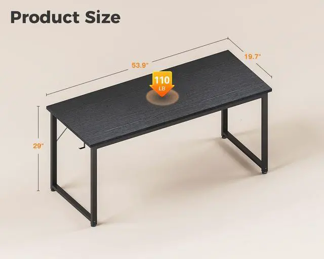 Alt view image 3 of 7 - 54 Inch Large Modern Simple Office Desk, Gaming & Writing Desk, Large Legroom, Metal Frame, Black