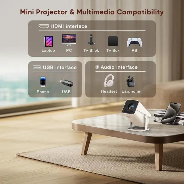 Alt view image 6 of 6 - [Built-in Apps & Electric Focus] Smart Mini Projector with WiFi and Bluetooth, 270°Rotatable Portable Movie Projector 1080P Support, Auto Keystone Proyector for Smartphone/TV Stick/Laptop/HDMI