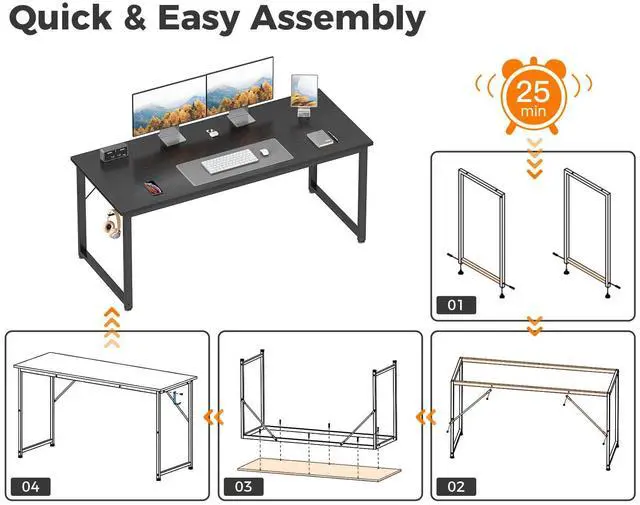Alt view image 4 of 7 - 54 Inch Large Modern Simple Office Desk, Gaming & Writing Desk, Large Legroom, Metal Frame, Black