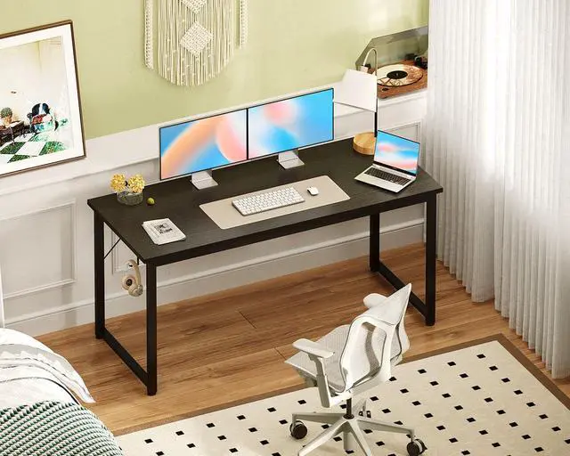 Alt view image 5 of 7 - 54 Inch Large Modern Simple Office Desk, Gaming & Writing Desk, Large Legroom, Metal Frame, Black