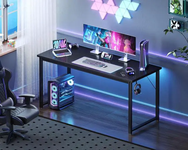 Alt view image 7 of 7 - 54 Inch Large Modern Simple Office Desk, Gaming & Writing Desk, Large Legroom, Metal Frame, Black