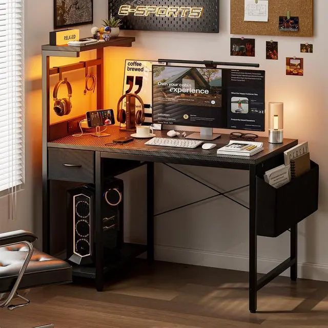 Alt view image 2 of 7 - Gaming Desk 40 Inch with Power Outlet and LED Light, Computer Desk with Reversible Shelves and Storage Drawer, Pc Small Desk for Home Office Table with Bag, Carbon Fiber Black