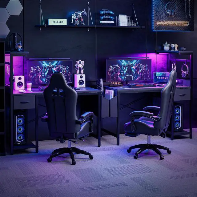 Alt view image 4 of 7 - Gaming Desk 40 Inch with Power Outlet and LED Light, Computer Desk with Reversible Shelves and Storage Drawer, Pc Small Desk for Home Office Table with Bag, Carbon Fiber Black