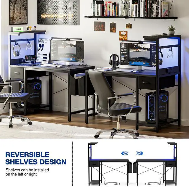 Alt view image 5 of 7 - Gaming Desk 40 Inch with Power Outlet and LED Light, Computer Desk with Reversible Shelves and Storage Drawer, Pc Small Desk for Home Office Table with Bag, Carbon Fiber Black