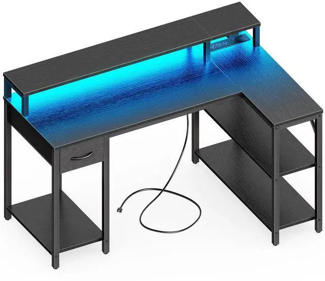 Main image of Reversible L Shaped Gaming Desk with Drawer, LED Lights & Power Outlets, Corner Computer Desk with Shelves & Monitor Stand for Home, Office, Black, 47 inches