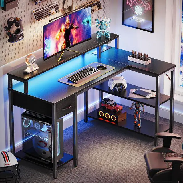 Alt view image 2 of 7 - Reversible L Shaped Gaming Desk with Drawer, LED Lights & Power Outlets, Corner Computer Desk with Shelves & Monitor Stand for Home, Office, Black, 47 inches