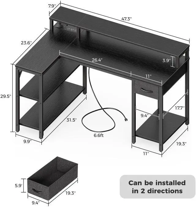 Alt view image 7 of 7 - Reversible L Shaped Gaming Desk with Drawer, LED Lights & Power Outlets, Corner Computer Desk with Shelves & Monitor Stand for Home, Office, Black, 47 inches