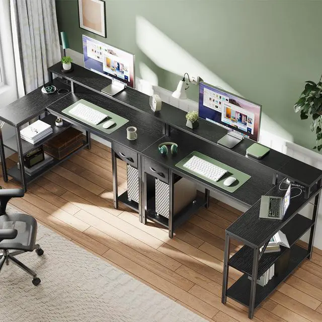 Alt view image 6 of 7 - Reversible L Shaped Gaming Desk with Drawer, LED Lights & Power Outlets, Corner Computer Desk with Shelves & Monitor Stand for Home, Office, Black, 47 inches