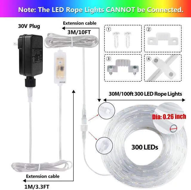 Alt view image 5 of 7 - 300 LED Rope Lights Outdoor String Lights Plug in, 100ft Warm White & Color Changing Christmas Lights Outdoor, Fairy Lights with Remote, Rope Lighting Waterproof for Garden Balcony(Not Connectable)