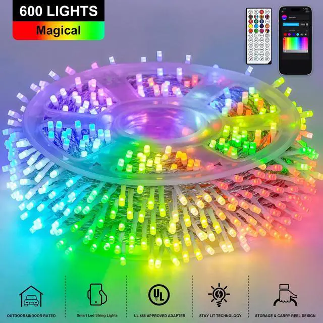 Alt view image 2 of 5 - 600 LED RGB String Light Outdoor Indoor, Christmas Lights Outdoor Clear Wire Christmas Lights Plug in for Bedroom Tree Room Party Birthday Decorations