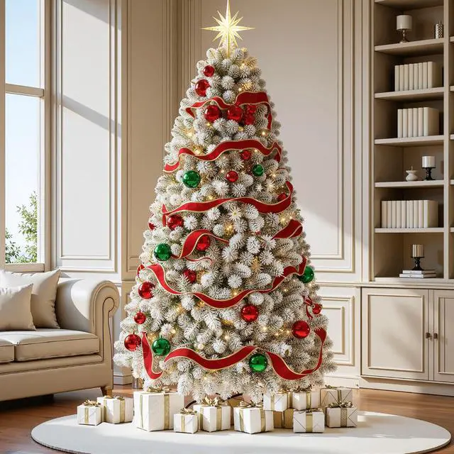 Alt view image 4 of 6 - 6 FT Prelit Snow Flocked Christmas Tree, Artificial Spruce Christmas Tree with 250 Warm White LED Lights, 850 PVC Branch Tips, Easy Assembly/Metal Stand/Hinged Branches Decoration