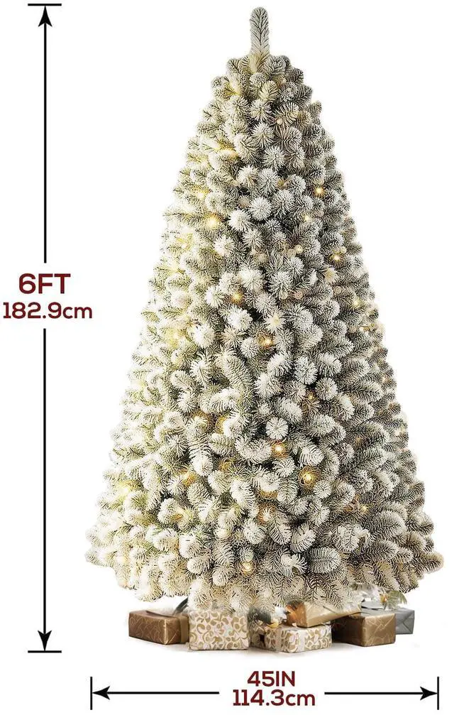 Alt view image 6 of 6 - 6 FT Prelit Snow Flocked Christmas Tree, Artificial Spruce Christmas Tree with 250 Warm White LED Lights, 850 PVC Branch Tips, Easy Assembly/Metal Stand/Hinged Branches Decoration