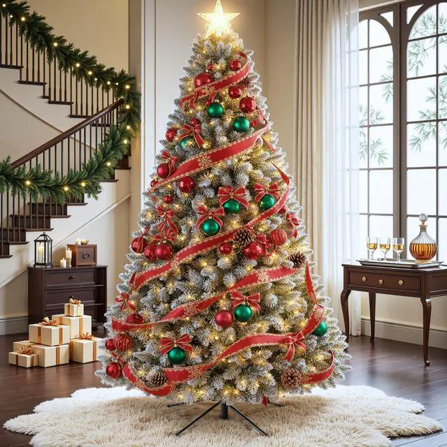 Alt view image 5 of 6 - 6 FT Prelit Snow Flocked Christmas Tree, Artificial Spruce Christmas Tree with 250 Warm White LED Lights, 850 PVC Branch Tips, Easy Assembly/Metal Stand/Hinged Branches Decoration