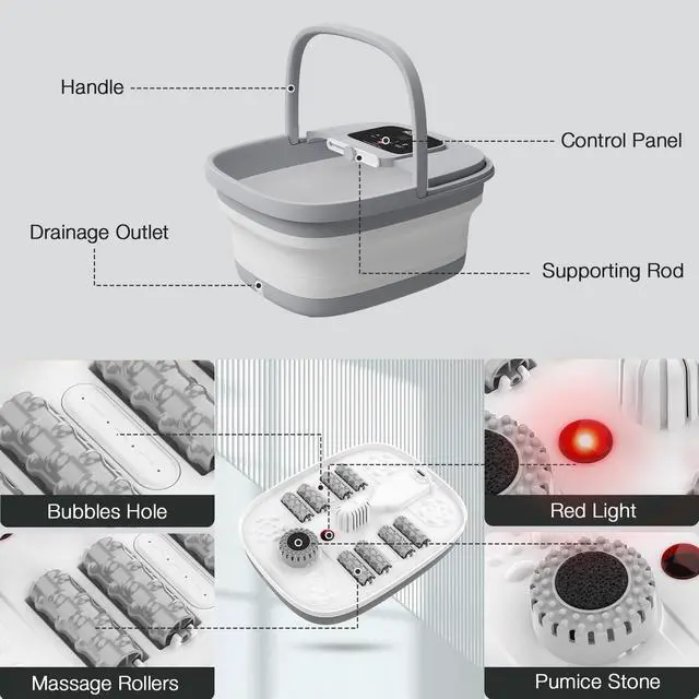 Alt view image 6 of 7 - Collapsible Foot Spa with Heat, Bubble, Red Light, and Temperature Control, Foot Bath Massager with 8 Shiatsu Massage Rollers, Pedicure Foot Spa for Relaxation and Stress Relief
