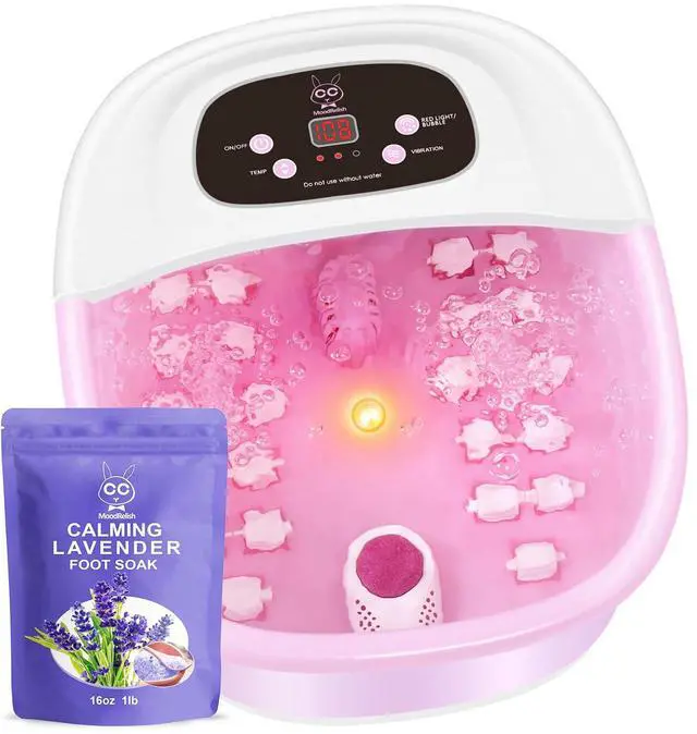 Alt view image 7 of 7 - Foot Spa Bath Massager with Heat Bubbles and Vibration Massage and Jets, 16 OZ Calming Lavender Foot Soak Epsom Salt, Foot Soaker with Red Light, 22 Massage Rollers, Adjustable Temp - Pink