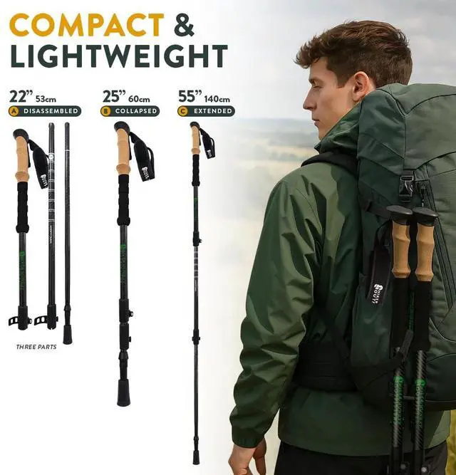 Alt view image 3 of 7 - Hiker Hunger Carbon Fiber Trekking Poles | Collapsible Walking Sticks for Travel | Walking Poles for Women | Hiking Poles for Men | Hiking Sticks | Walking Stick - 3k Black & Green Cork