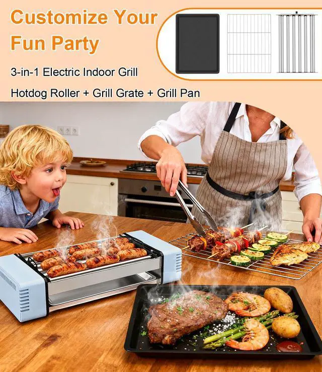 Alt view image 2 of 7 - Electric Hot Dog Roller Machine for Home,3-in-1 Hotdog Roller Grill with 6-Roller Grill,Countertop Indoor Grill with Nonstick Grate & Pan,Hot Dog Cooker Fits 9 Sausage for Family BBQ,Game Night