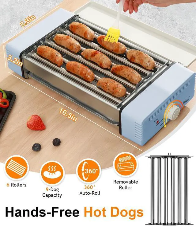 Alt view image 3 of 7 - Electric Hot Dog Roller Machine for Home,3-in-1 Hotdog Roller Grill with 6-Roller Grill,Countertop Indoor Grill with Nonstick Grate & Pan,Hot Dog Cooker Fits 9 Sausage for Family BBQ,Game Night