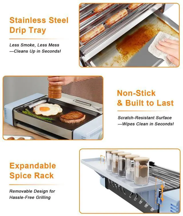 Alt view image 4 of 7 - Electric Hot Dog Roller Machine for Home,3-in-1 Hotdog Roller Grill with 6-Roller Grill,Countertop Indoor Grill with Nonstick Grate & Pan,Hot Dog Cooker Fits 9 Sausage for Family BBQ,Game Night