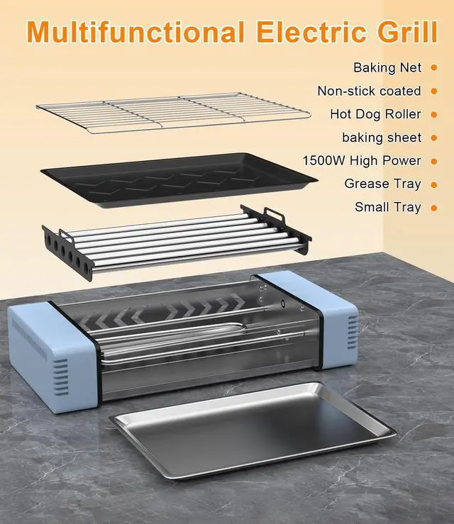 Alt view image 6 of 7 - Electric Hot Dog Roller Machine for Home,3-in-1 Hotdog Roller Grill with 6-Roller Grill,Countertop Indoor Grill with Nonstick Grate & Pan,Hot Dog Cooker Fits 9 Sausage for Family BBQ,Game Night